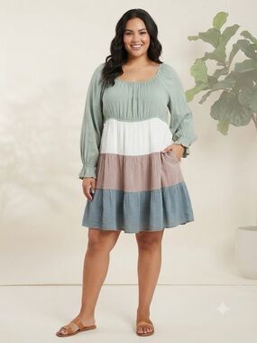 Sweet Wanderer Tiered Scoop Neck Colorblock Dress in Sage Cream Mauve